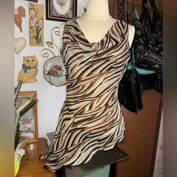A. Byer Tops - Y2K A. Byer Brown Black & Cream Print asymmetrical cowl neck sleeveless Top